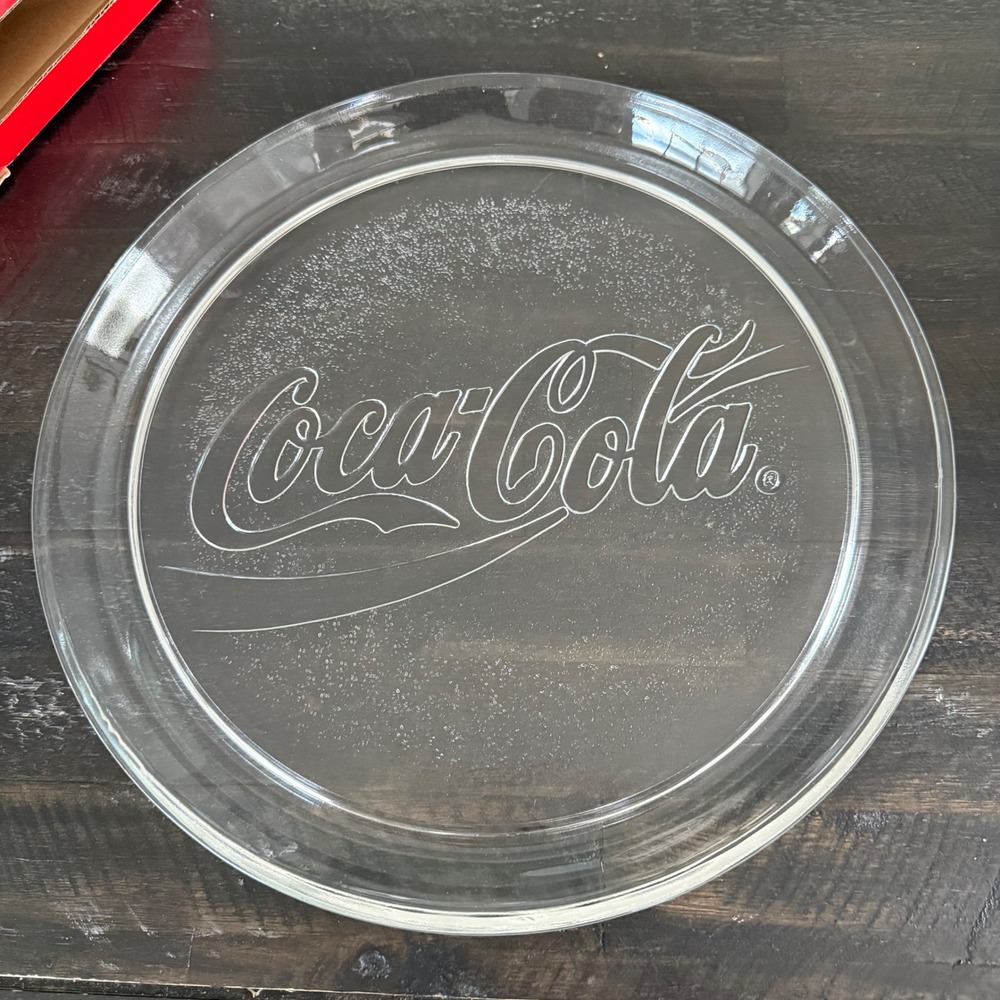 Vintage 1990 Coca-Cola 13" Glass Platter Indiana Glass Co Clear Etched Logo 3947